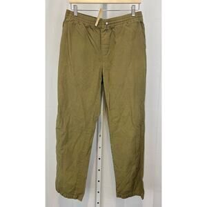 WELLEN Easy Pull On Chino Pants Elastic Waist Organic Cotton Linen Khaki Green L